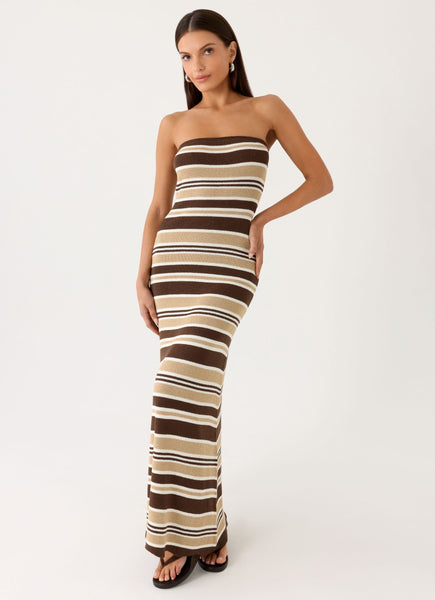 [美品] アンティミテ　Feather No Sleeve Knit ブラウン Antonie Knit Maxi Dress - Chocolate Olive Stripe – Peppermayo US