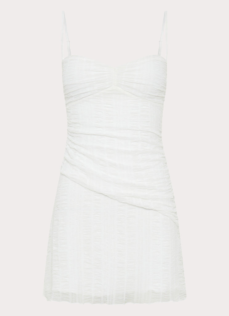 Womens Arden Mesh Mini Dress in the colour White in front of a light grey background