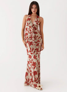Womens Ardenia Halter Maxi Dress in the colour Red Green Floral in front of a light grey background