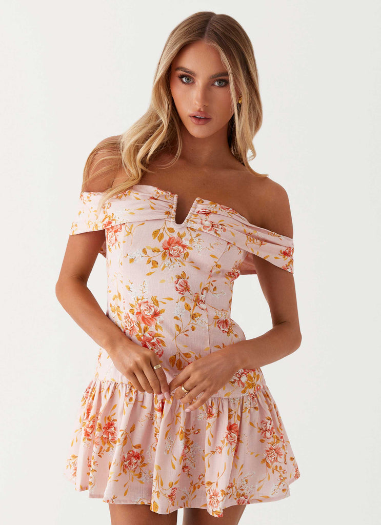 Aries Off Shoulder Linen Mini Dress - Pink Floral Aries Off Shoulder Linen Mini Dress - Pink Floral