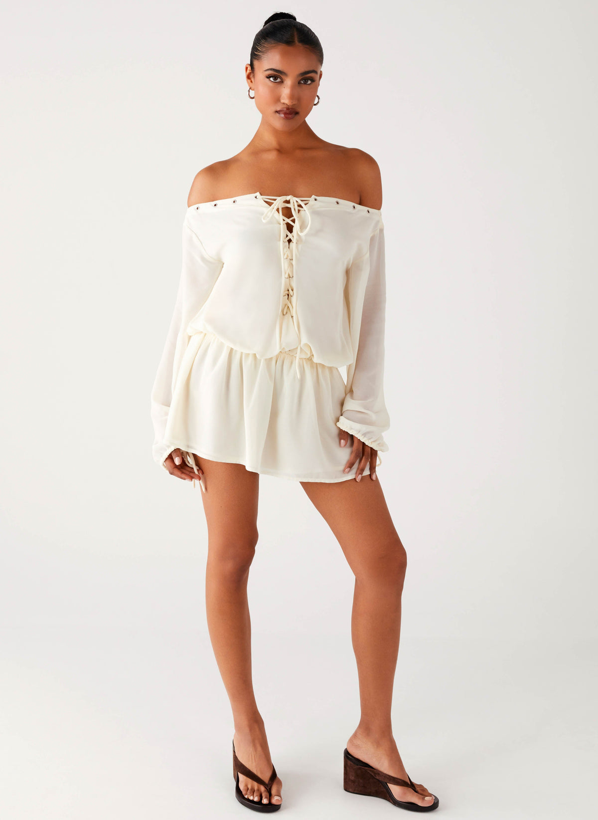 adoration mini dress cream Ruffle-Trim Button-Detail Corset Mini Dress in Ivory fuller skirt allows room for hips HALONA MINI DRESS - CREAM