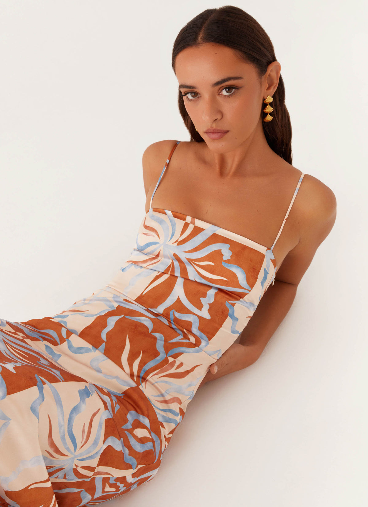 blue dress with orange flowers Luxurious Blue/Orange Roses Women's Midi Yuliya Magdych L / Blue/Orange Pearl Dress - Maxi Blue