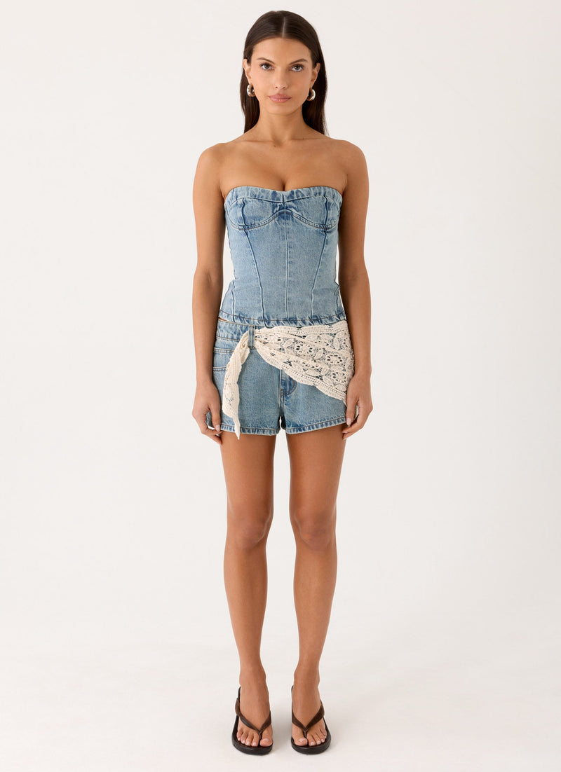 Avedon Scarf Denim Mini Shorts - Light Wash