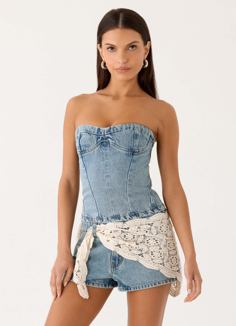Avedon Scarf Denim Mini Shorts - Light Wash