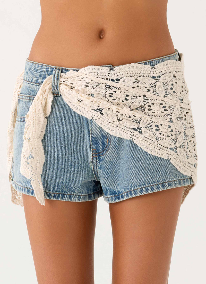 Avedon Scarf Denim Mini Shorts - Light Wash