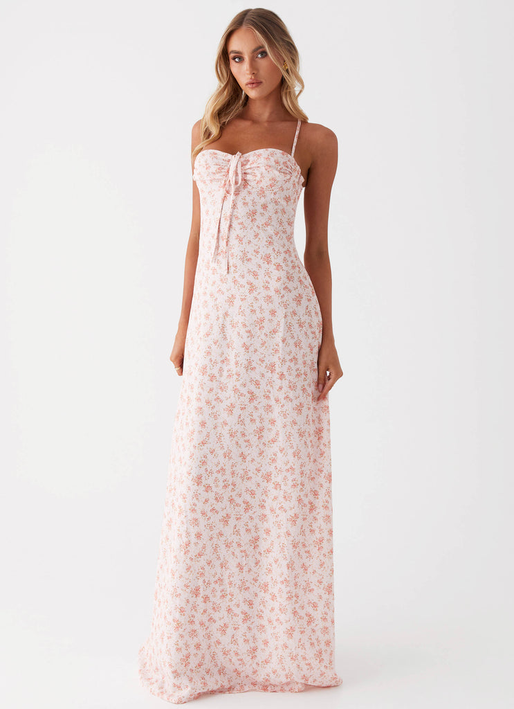 Womens Aveline Bustier Maxi Dress in the colour Pink Ditsy Floral in front of a light grey background