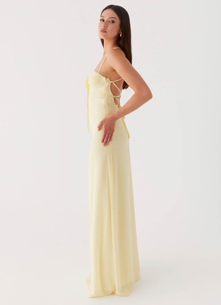 Womens Aveline Bustier Maxi Dress in the colour Yellow in front of a light grey background