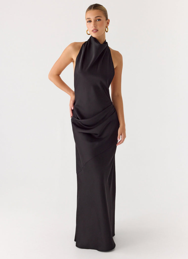 cowl neck high slit maxi dress in black The Andamane