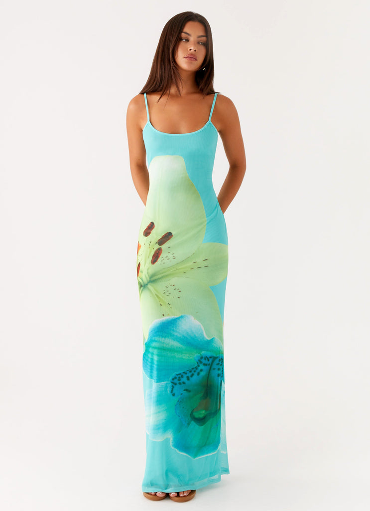 Bad News Mesh Maxi Dress - Turquoise Floral Turquoise Floral / US 10 Bad News Mesh Maxi Dress - Turquoise Floral Turquoise Floral / US 10