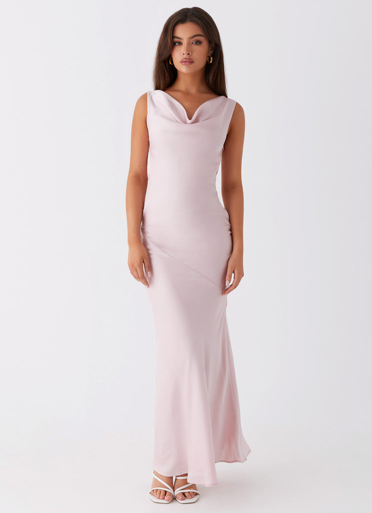 Womens Be Mine Satin Maxi Dress in the colour Mauve Pink in front of a light grey background