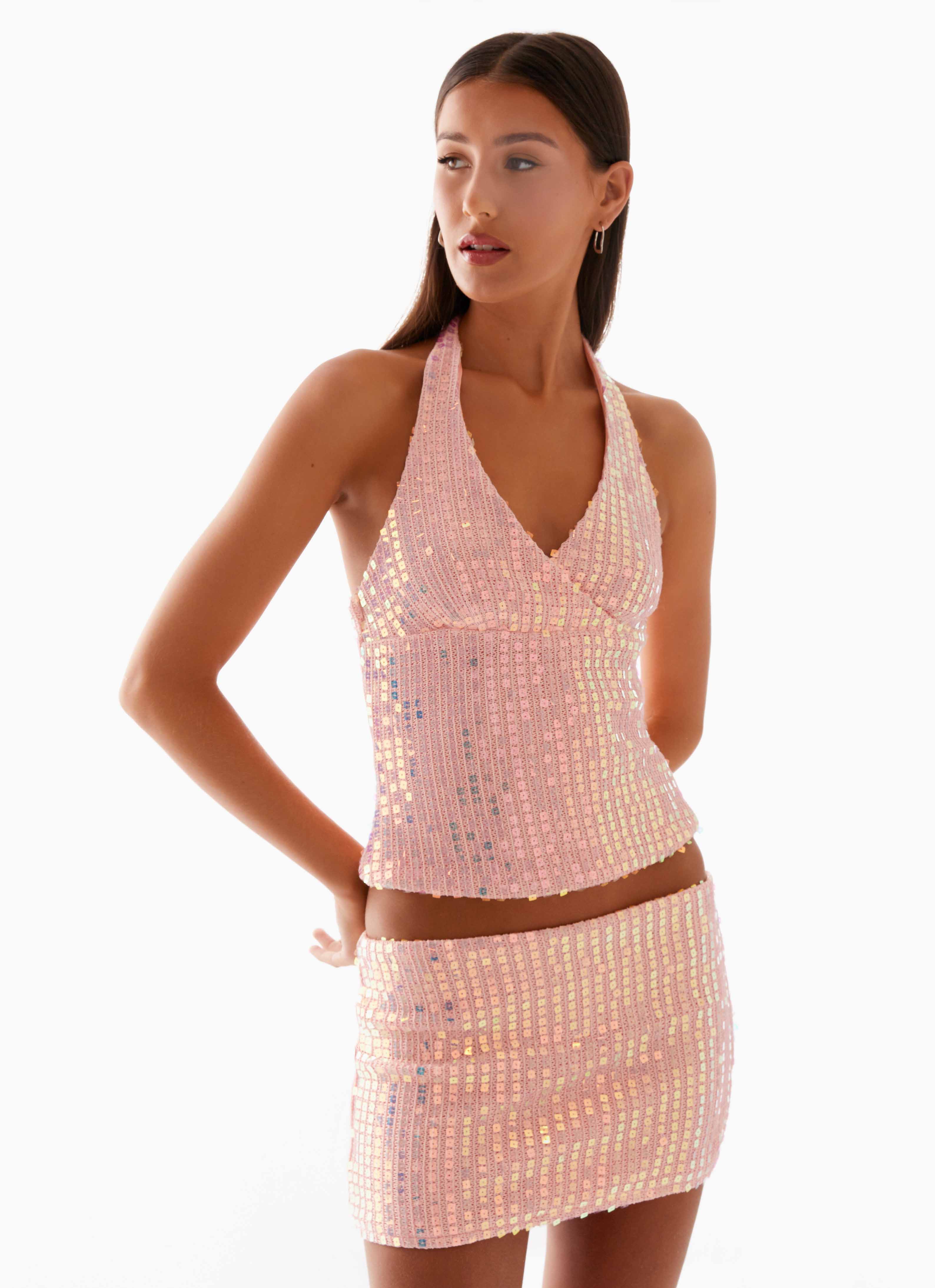 topshop pink sequin dress Been That Girl Halter Knit Sequin Top