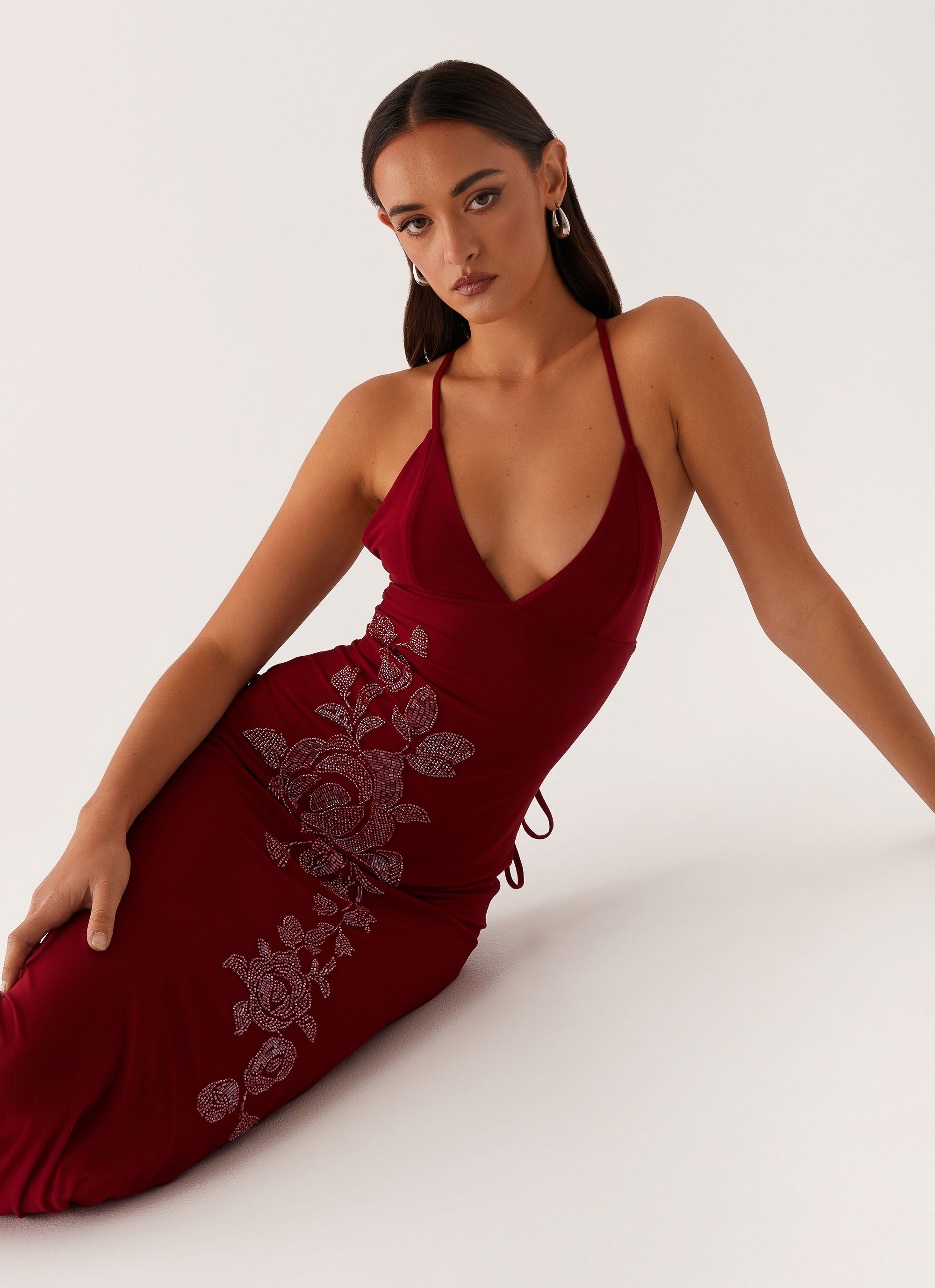 Beki Beaded Mesh Maxi Dress - Deep Red Peppermayo US Beki Beaded Mesh Maxi Dress - Deep Red Peppermayo US
