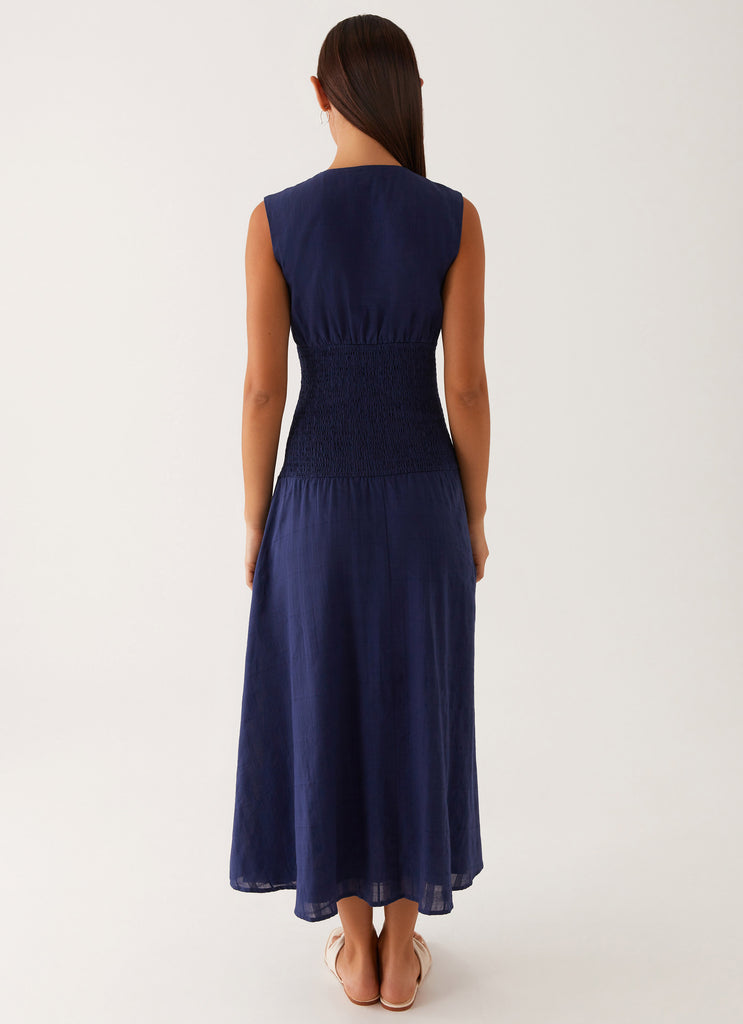 Belle Shirred Waist Midi Dress - Navy Peppermayo US Belle Shirred Waist Midi Dress - Navy Peppermayo US