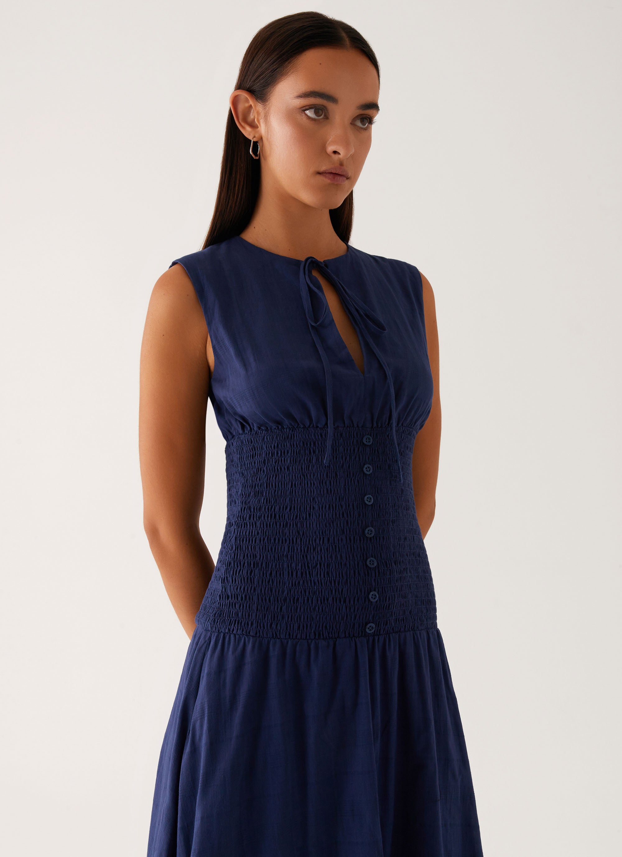 Belle Shirred Waist Midi Dress - Navy Peppermayo US Belle Shirred Waist Midi Dress - Navy Peppermayo US