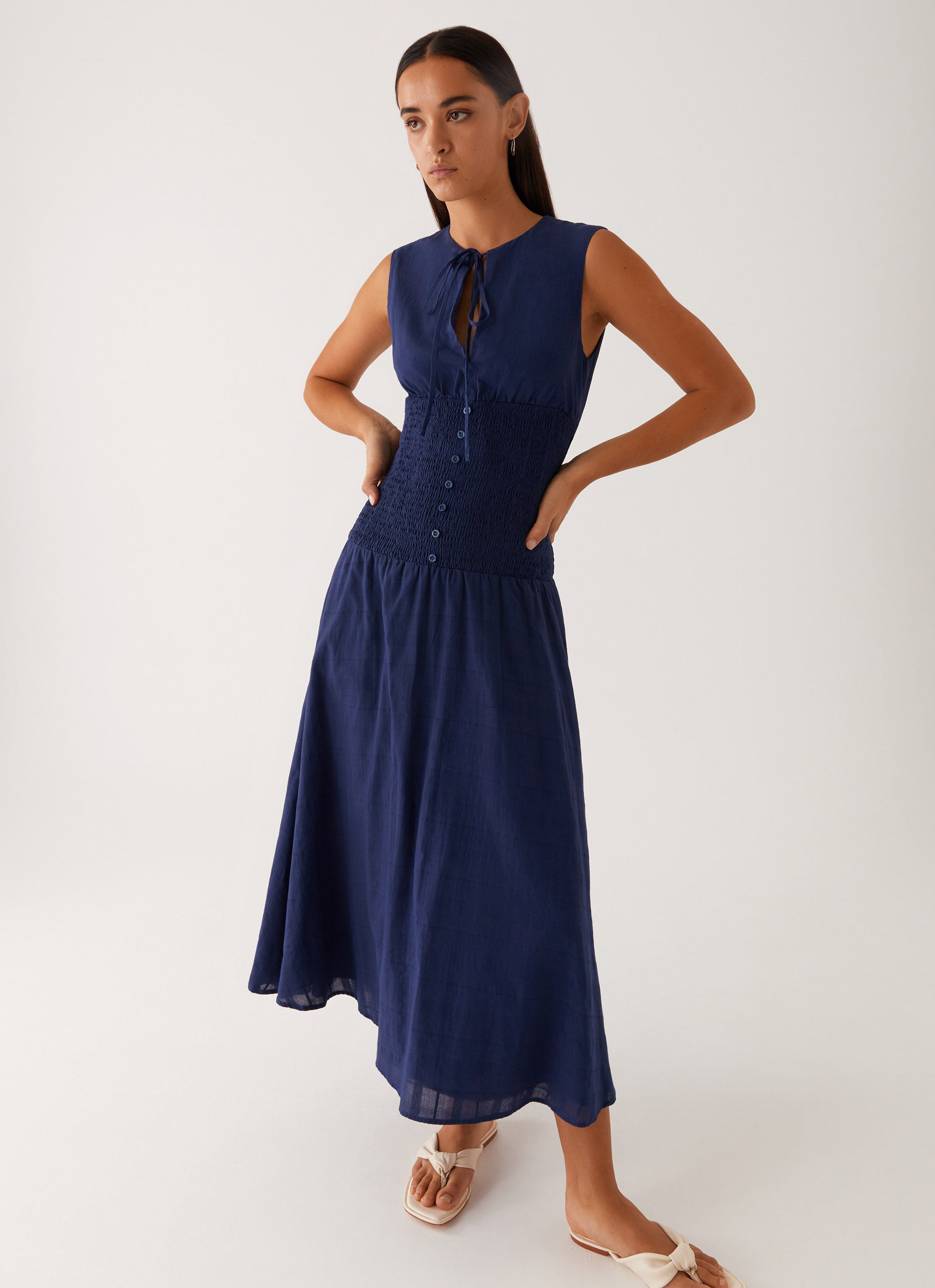 Belle Shirred Waist Midi Dress - Navy Peppermayo US Belle Shirred Waist Midi Dress - Navy Peppermayo US