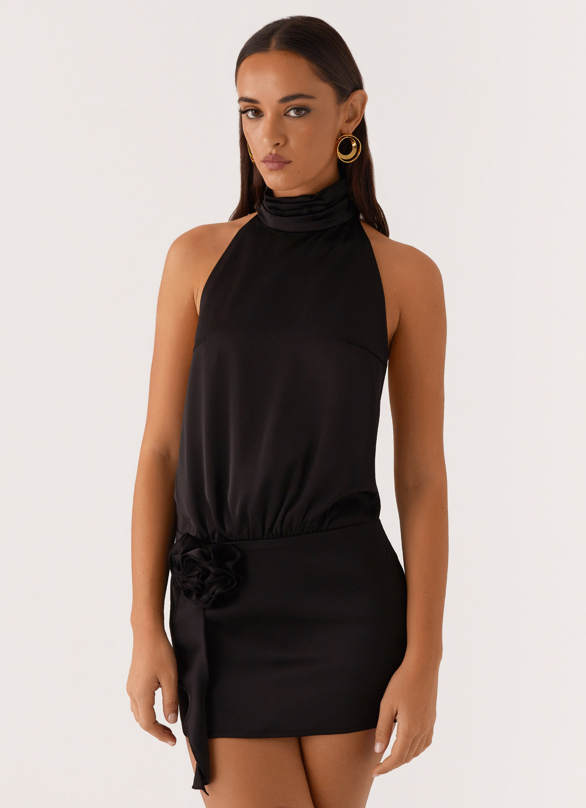 high neck mini dress black High-Neck Shift This mini dress is the perfect day to night essential TA3 Collar Mesh Mini Dress