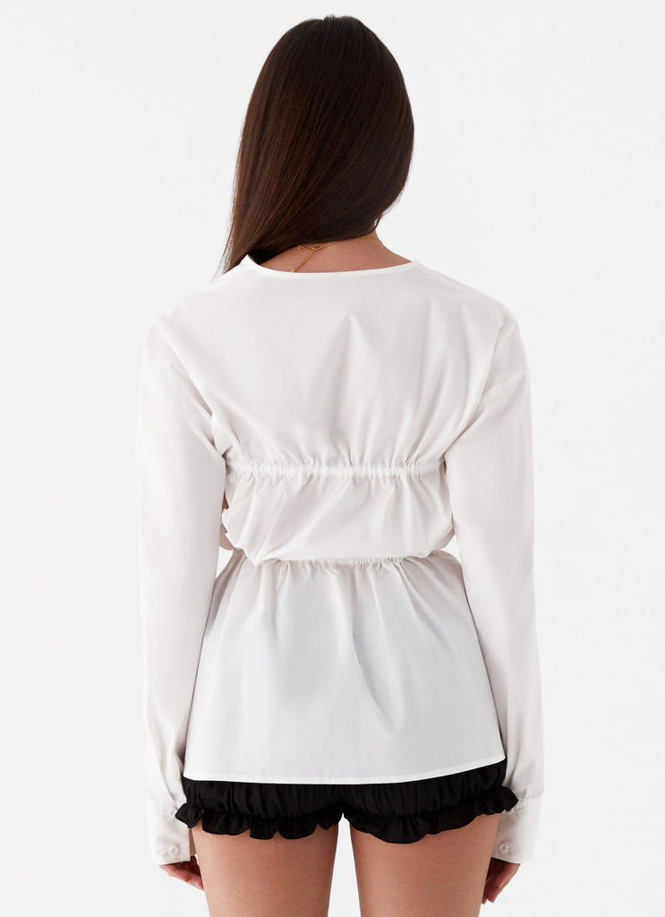 Womens Bridget Ruched Tie Front Shirt in the colour White in front of a light grey background