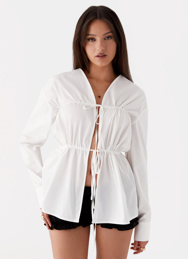 Womens Bridget Ruched Tie Front Shirt in the colour White in front of a light grey background