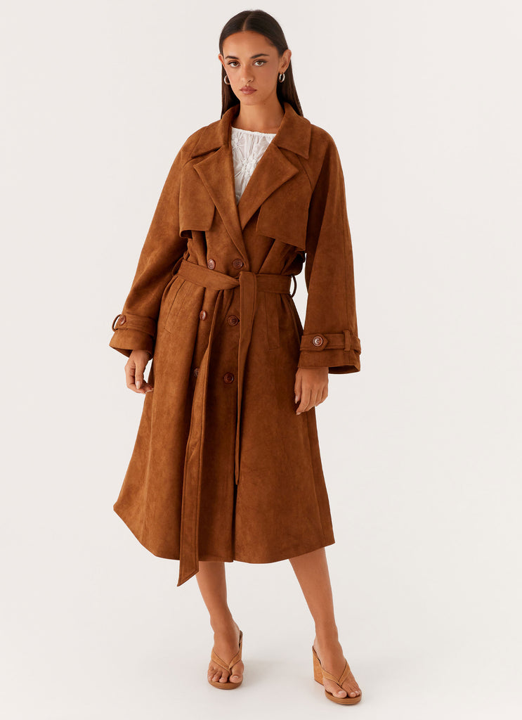 Bridie Faux Suede Trench Coat - Brown