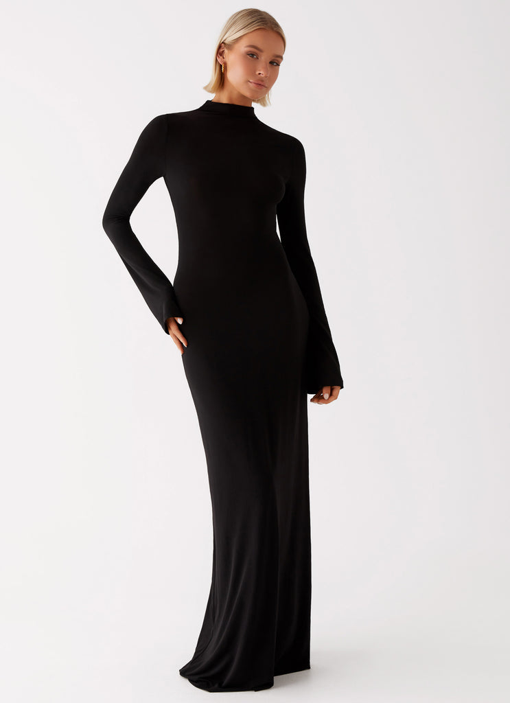 Womens Brioni Long Sleeve Maxi Dress in the colour Black in front of a light grey background