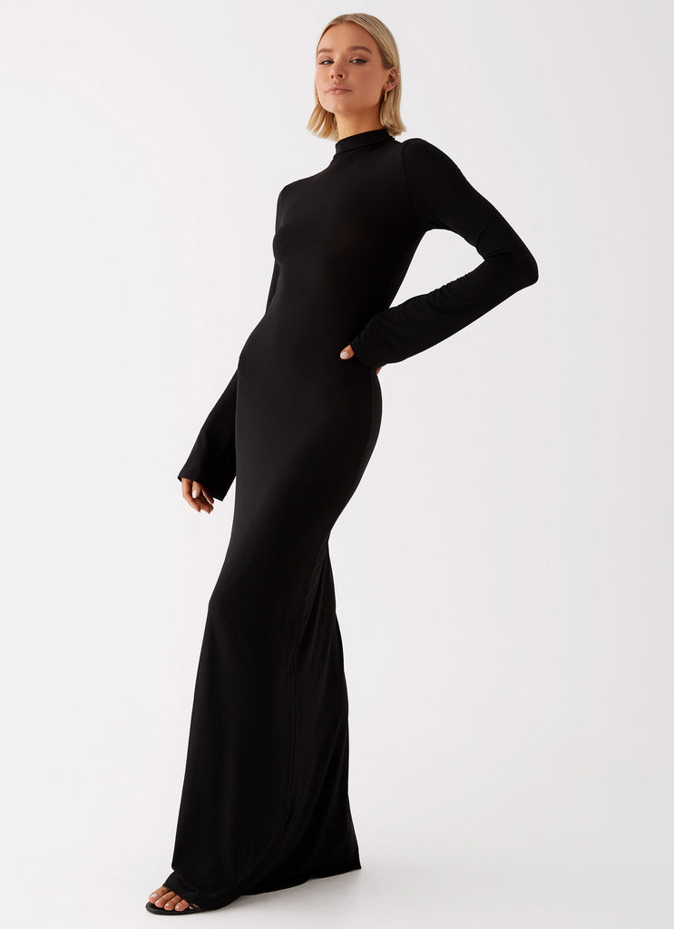 Womens Brioni Long Sleeve Maxi Dress in the colour Black in front of a light grey background