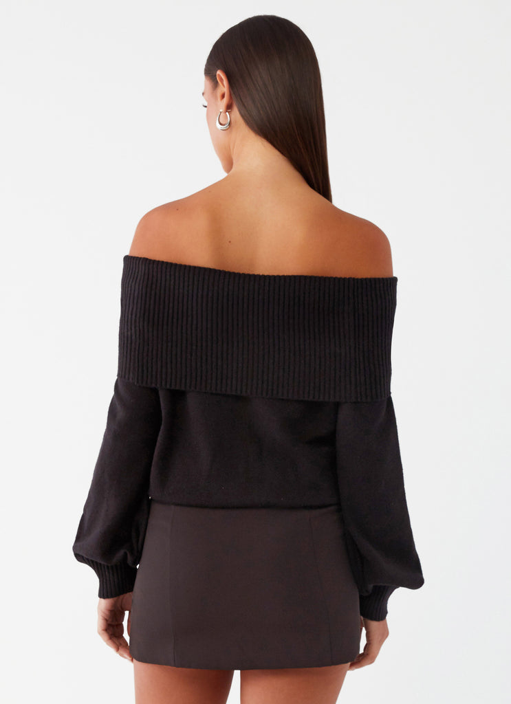 Buckle Up Oversized Bardot Knit Sweater - Black