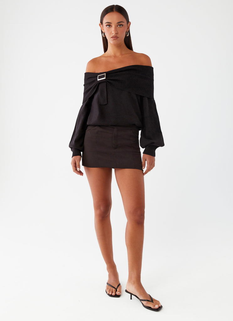 Buckle Up Oversized Bardot Knit Sweater - Black