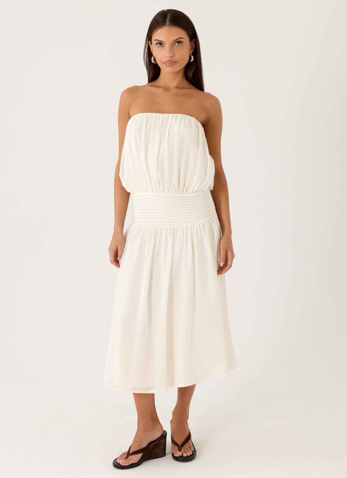 ivory midi dress Strapless Beaded Bow Back style silhouette Austia Midi Dress in Ivory