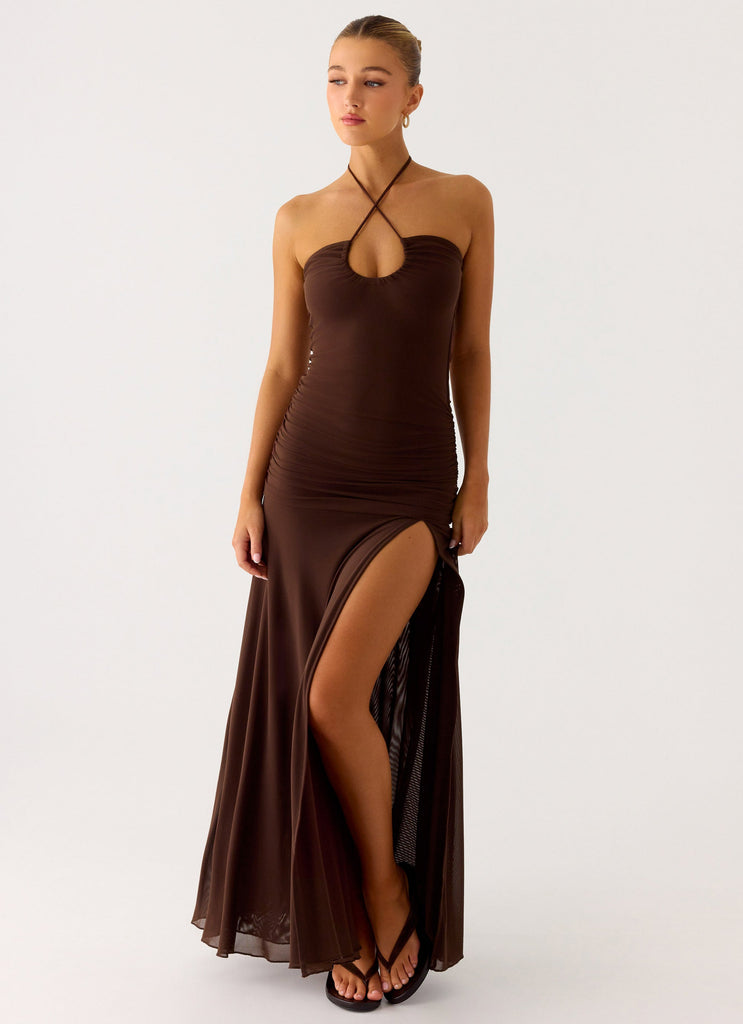ruched brown dress Callie Ruched Maxi Dress