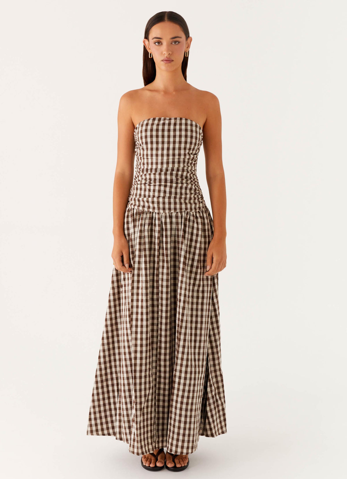 brown and white gingham dress Linen Dress: Earth Tone Midi With Pockets Wear it solo or layer it for versatile Pia Dress (brown gingham) 12-14Y