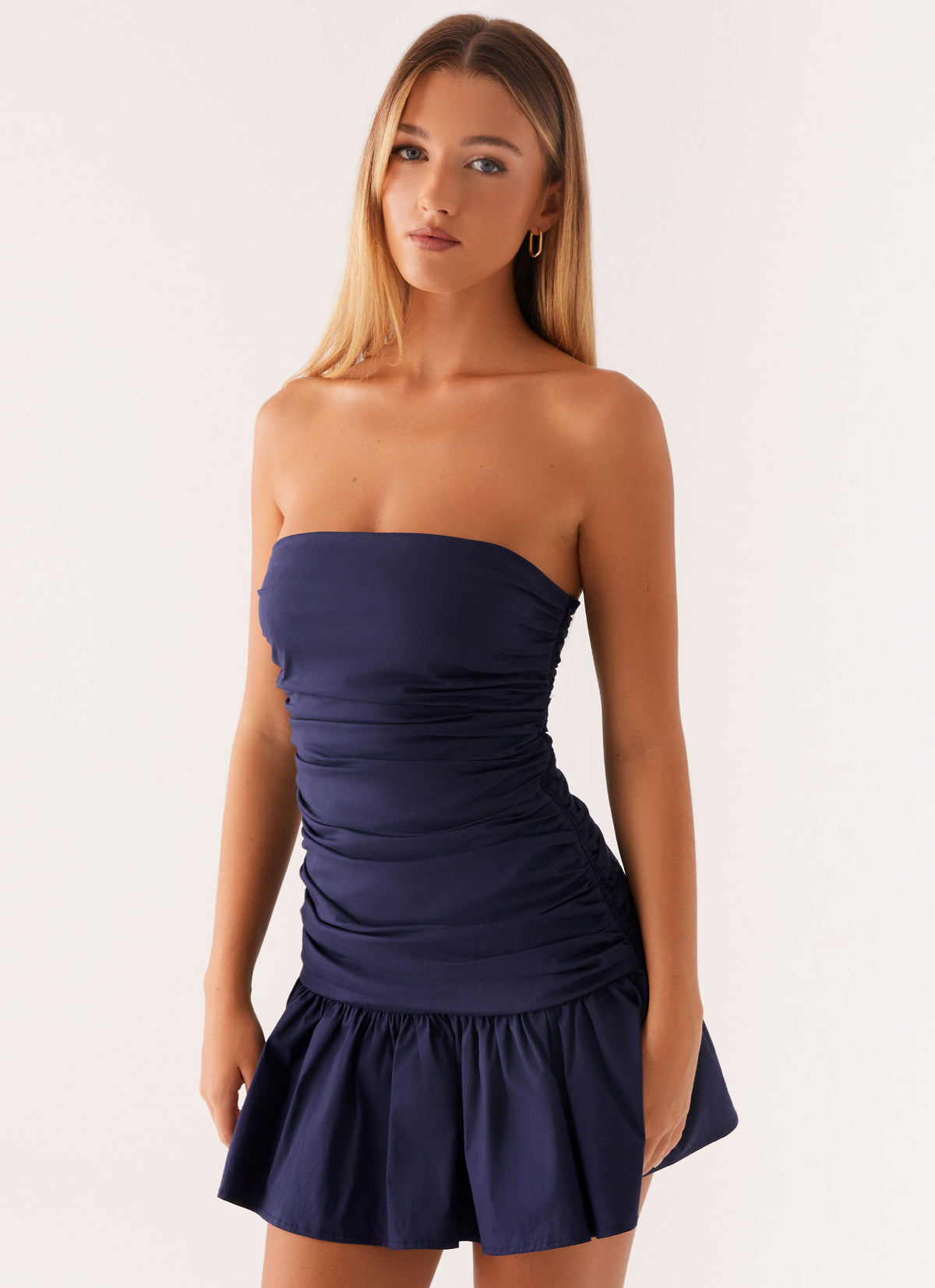 navy blue strapless mini dress KissProm | 100% polyester SIZING Sequin Side Ruched Strapless Dress