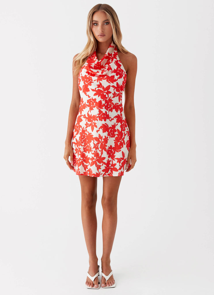 Womens Carmine Bouquet Cowl Neck Mini Dress in the colour Red Floral in front of a light grey background