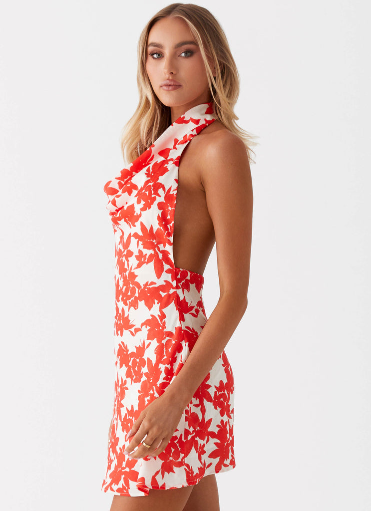 Womens Carmine Bouquet Cowl Neck Mini Dress in the colour Red Floral in front of a light grey background