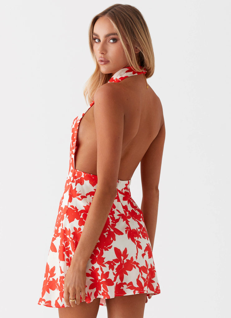 Womens Carmine Bouquet Cowl Neck Mini Dress in the colour Red Floral in front of a light grey background