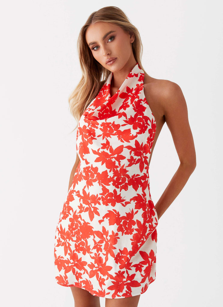 Womens Carmine Bouquet Cowl Neck Mini Dress in the colour Red Floral in front of a light grey background