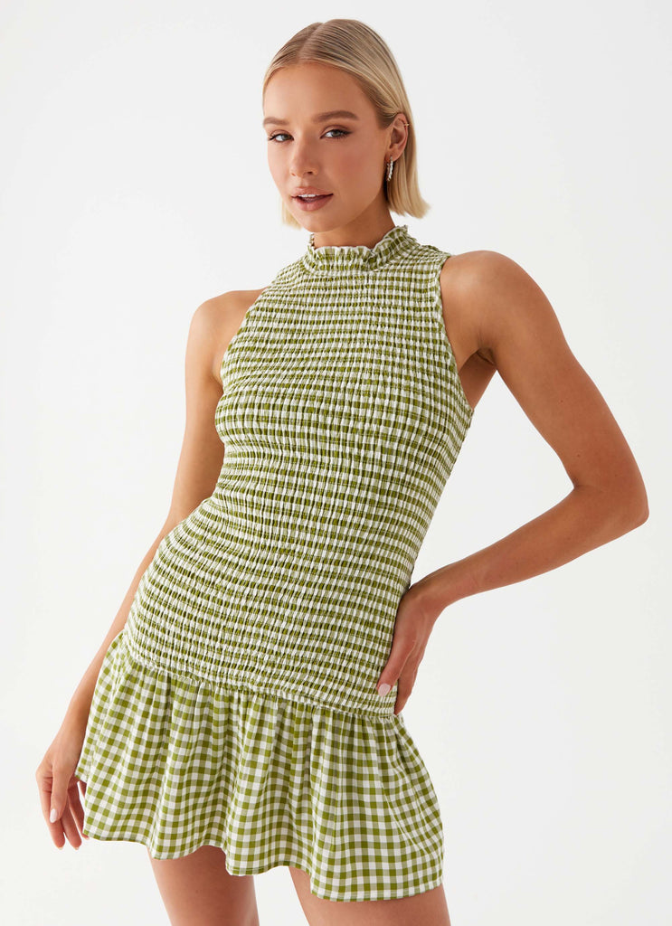 Cassie shirred Mini Dress - Khaki Gingham Peppermayo US Cassie shirred Mini Dress - Khaki Gingham Peppermayo US