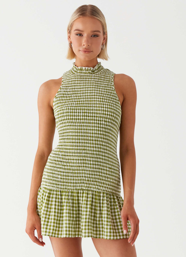 Womens Cassie shirred Mini Dress in the colour Khaki Gingham in front of a light grey background