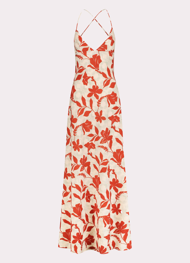 Womens Cecily Maxi Dress in the colour Red Green Floral in front of a light grey background