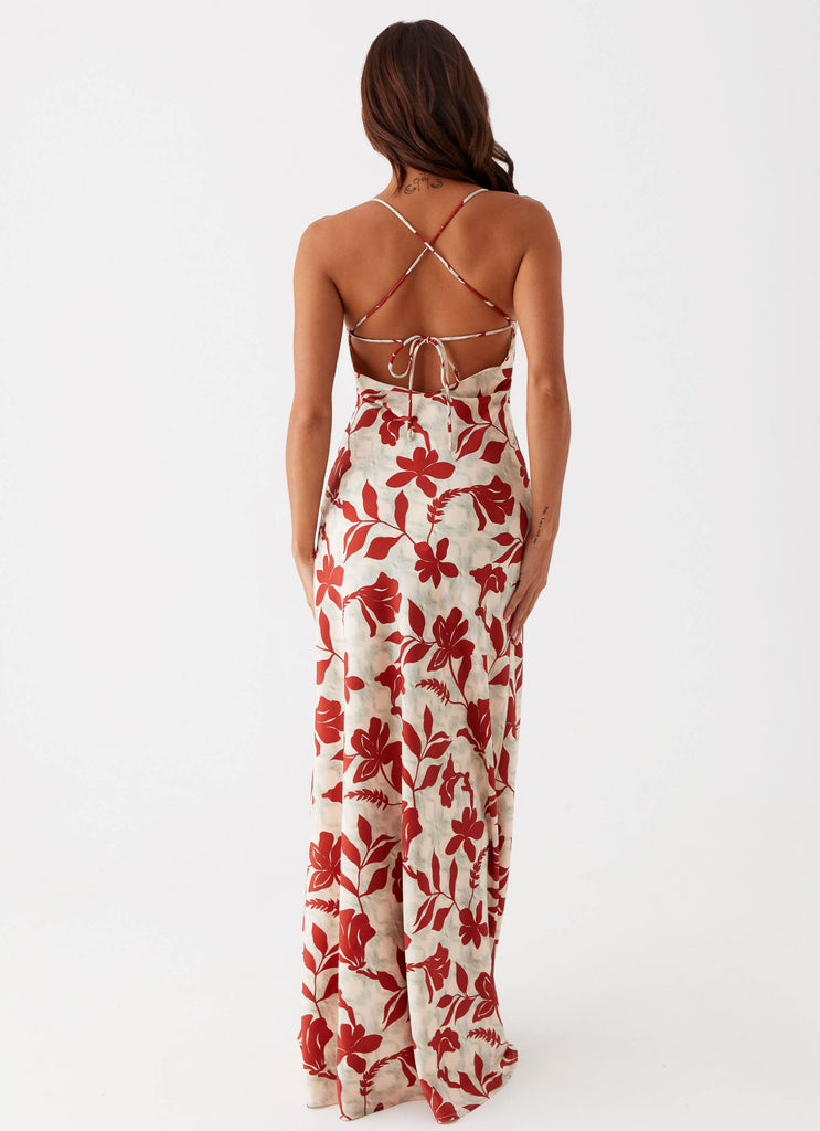 Womens Cecily Maxi Dress in the colour Red Green Floral in front of a light grey background