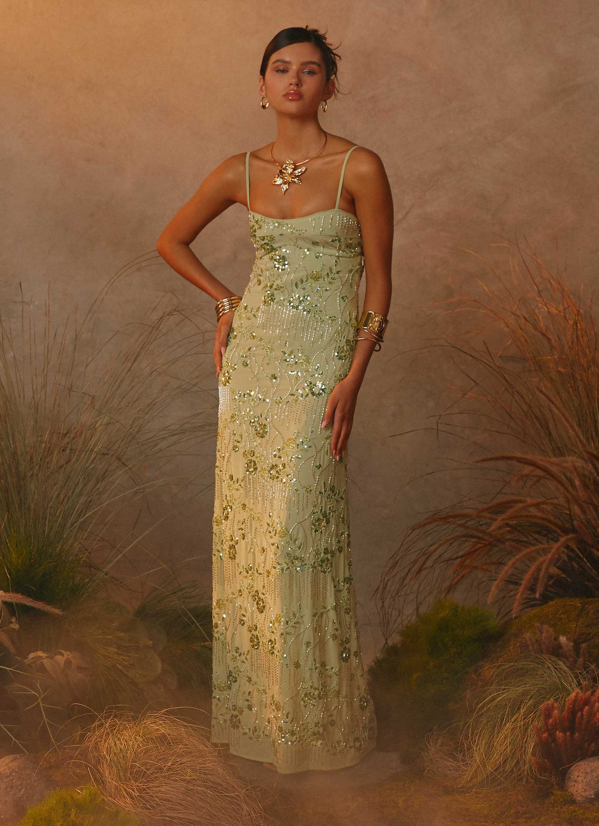 maxi dress with beads Monique Beaded | Made-To-Order sweeping train Beige Flower Beaded Maxi Dress
