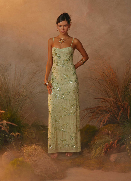 Celandine Beaded Maxi Dress - Lime Lime / US 12 Celandine Beaded Maxi Dress - Lime Lime / US 12