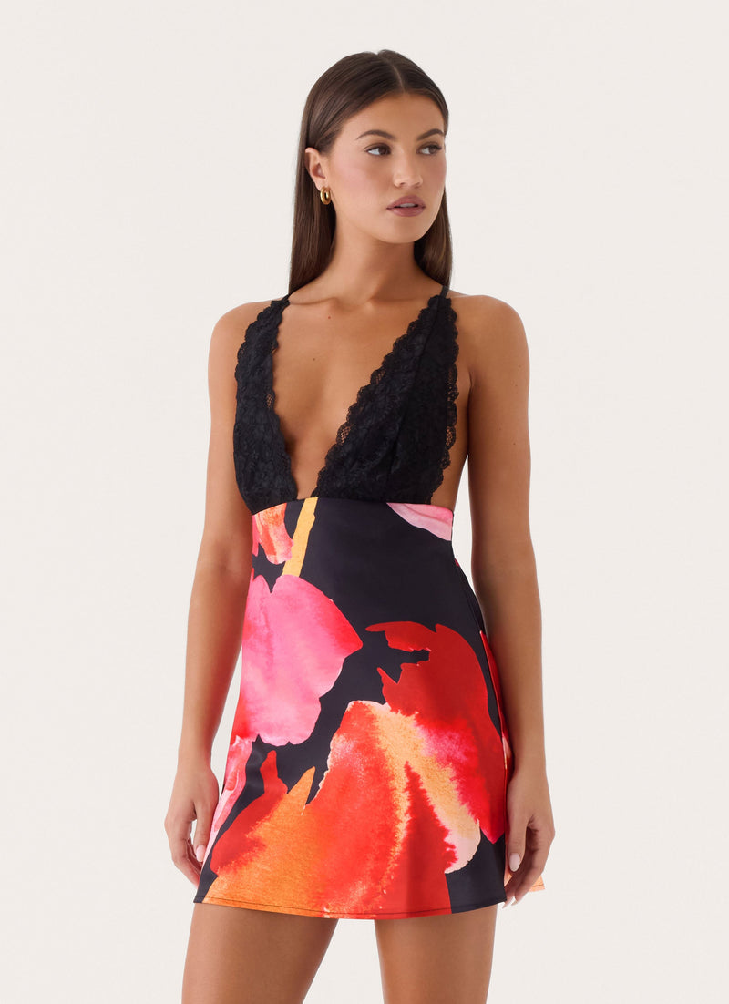 Claire Floral Mini Dress - Black Floral Print