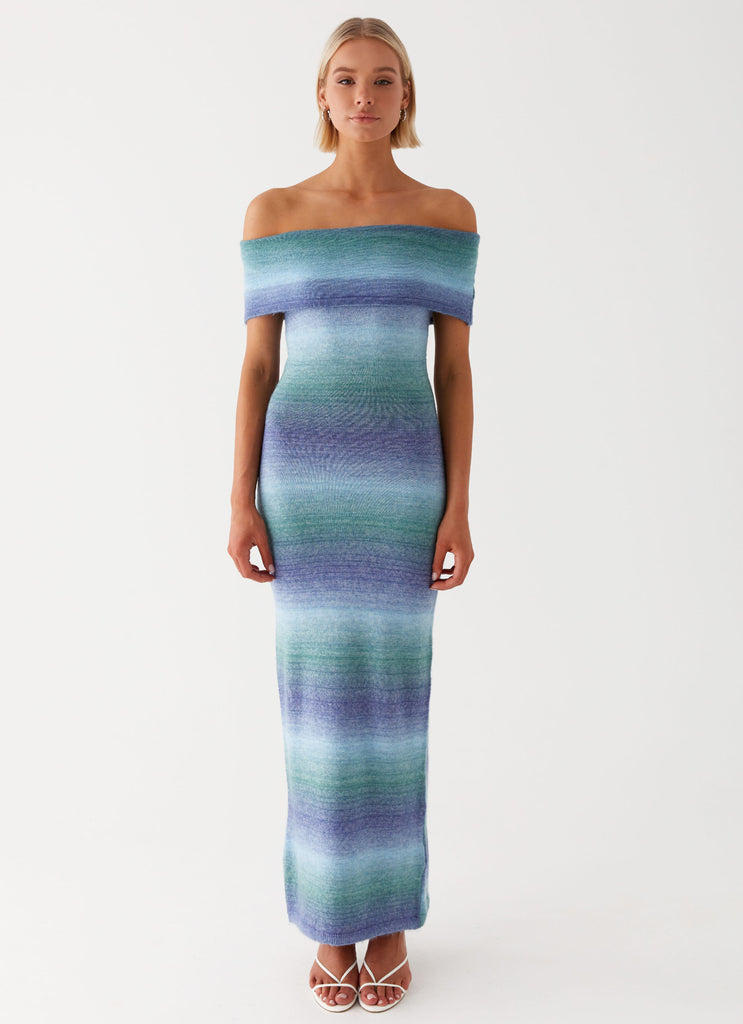 Womens Clarity Knit Maxi Dress in the colour Blue Ombre in front of a light grey background