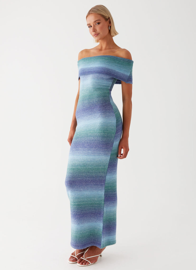 Womens Clarity Knit Maxi Dress in the colour Blue Ombre in front of a light grey background