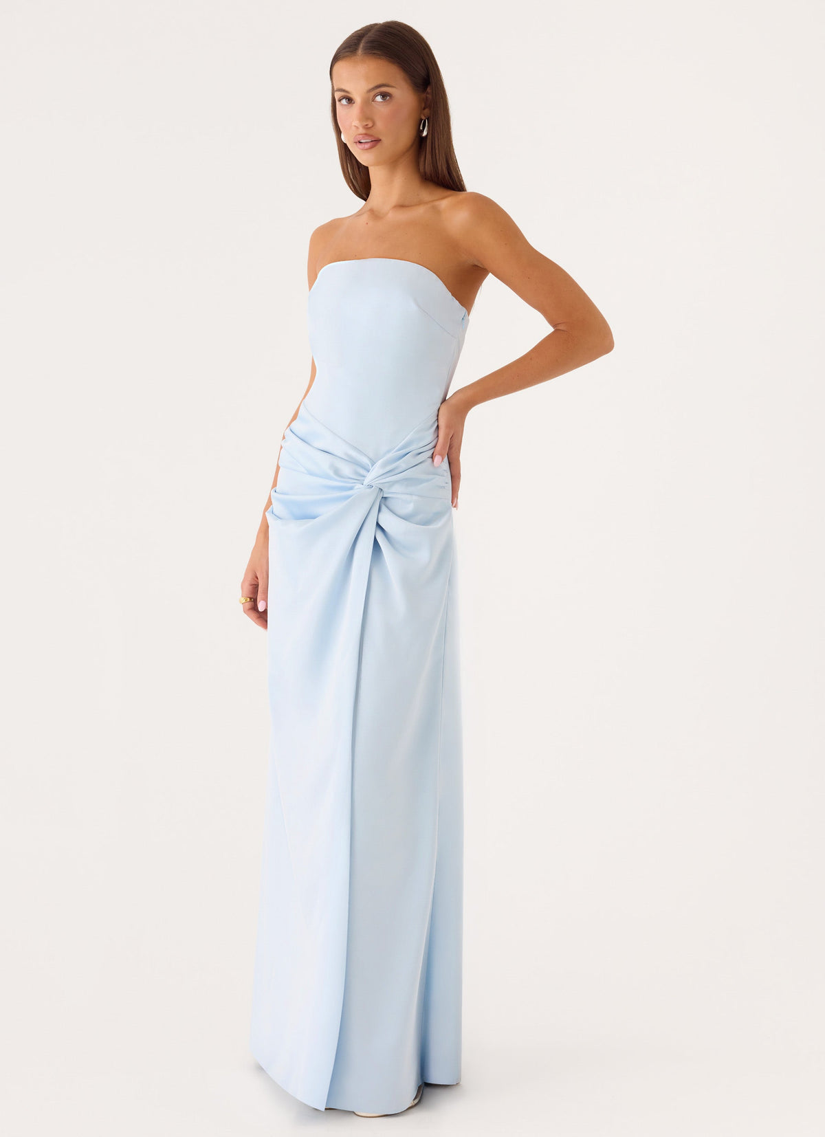 strapless maxi dress formal PRETTYGARDEN Womens Summer Dresses Ruffle Tube Asymmetr Crystals height is 161cm/53 and wears a size AU 6 / US 2. Conni Strapless Maxi Dress -