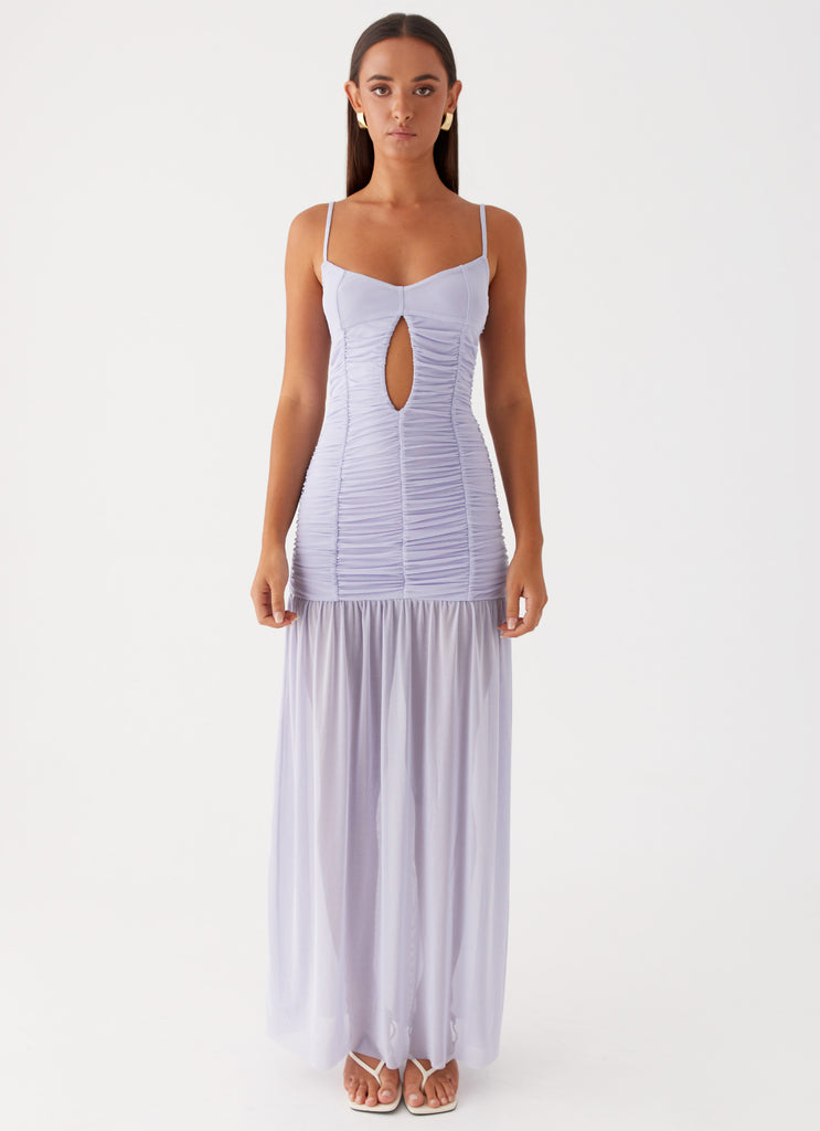 Womens Constance Mesh Maxi Dress in the colour Lavender in front of a light grey background