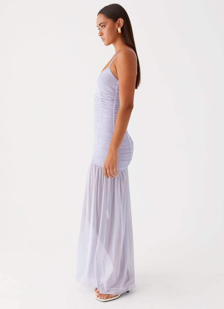 Womens Constance Mesh Maxi Dress in the colour Lavender in front of a light grey background