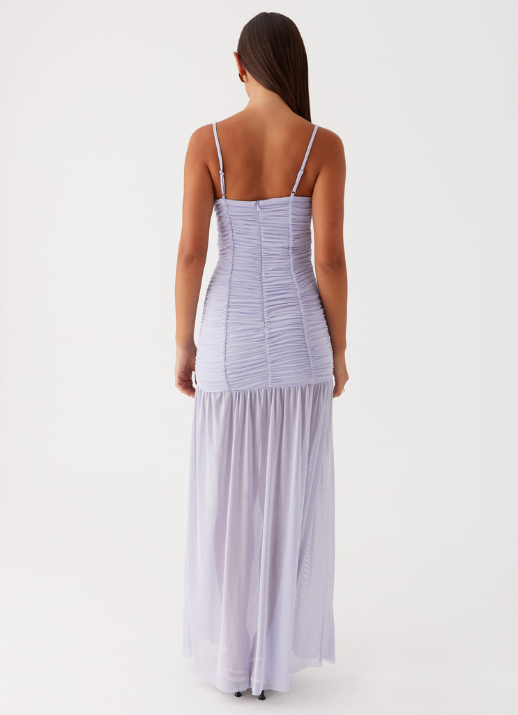 Womens Constance Mesh Maxi Dress in the colour Lavender in front of a light grey background