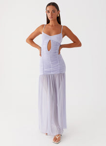 Womens Constance Mesh Maxi Dress in the colour Lavender in front of a light grey background