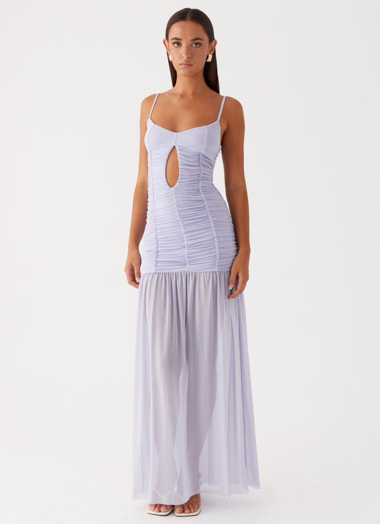 Womens Constance Mesh Maxi Dress in the colour Lavender in front of a light grey background